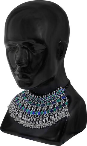 Indian Fashion Antique Afghani German Silver Oxidized Ghungroo Boho Gypsy Tribal Statement Tassel Chain Choker Thread Necklace Jewelry Set in Kuwait