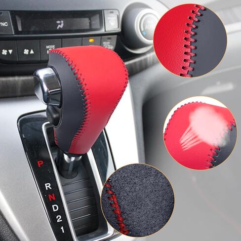 Compatible with DIY Genuine Leather Gear Shift Knob Cover Interior Accessories Protective Cover Decoration for Honda CRV 2012 2013 2014 2015 2016 Black Red with Red Stitches in Saudi Arabia