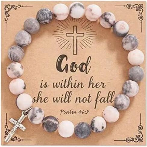 Fuqimanman2020 Christian Gifts for Women Men, Inspirational Gifts Natural Stone Cross Bracelet with Card, Catholic Religious Gifts for Women Friends in Saudi Arabia