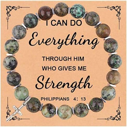Fuqimanman2020 Christian Gifts for Women Men, Inspirational Gifts Natural Stone Cross Bracelet with Card, Catholic Religious Gifts for Women Friends in Saudi Arabia
