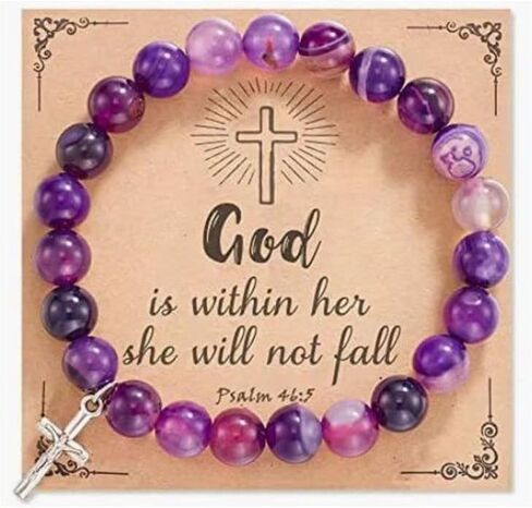Fuqimanman2020 Christian Gifts for Women Men, Inspirational Gifts Natural Stone Cross Bracelet with Card, Catholic Religious Gifts for Women Friends in Saudi Arabia