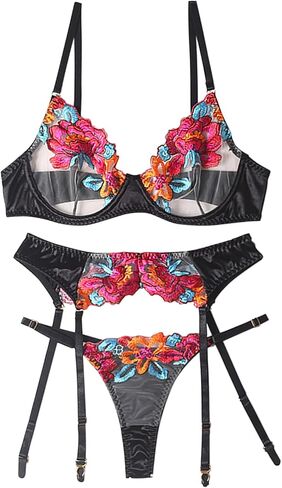 Lilosy Sexy Leaf Floral Embroidered Mesh Sheer Women Underwire Push Up Lingerie Set in Saudi Arabia