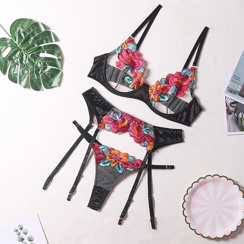 Lilosy Sexy Leaf Floral Embroidered Mesh Sheer Women Underwire Push Up Lingerie Set in Saudi Arabia