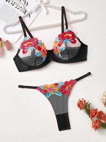 Lilosy Sexy Leaf Floral Embroidered Mesh Sheer Women Underwire Push Up Lingerie Set in Saudi Arabia
