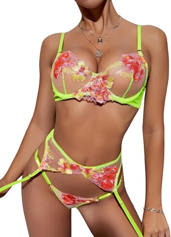 Lilosy Sexy Leaf Floral Embroidered Mesh Sheer Women Underwire Push Up Lingerie Set in Saudi Arabia
