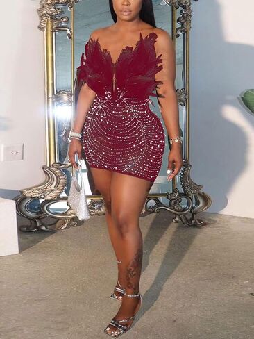Birthday Dresses for Women Sexy Sheer Rhinestones Feather Strapless Mini Dress in Saudi Arabia