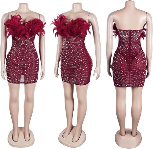 Birthday Dresses for Women Sexy Sheer Rhinestones Feather Strapless Mini Dress in Saudi Arabia