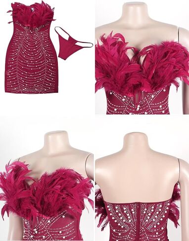 Birthday Dresses for Women Sexy Sheer Rhinestones Feather Strapless Mini Dress in Saudi Arabia
