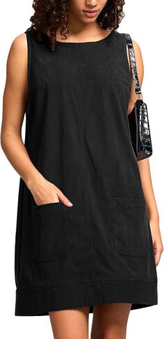Women Corduroy Overall Dress Sleeveless Round Neck Jumper Dress Pinafore Dress with Pockets in Saudi Arabia