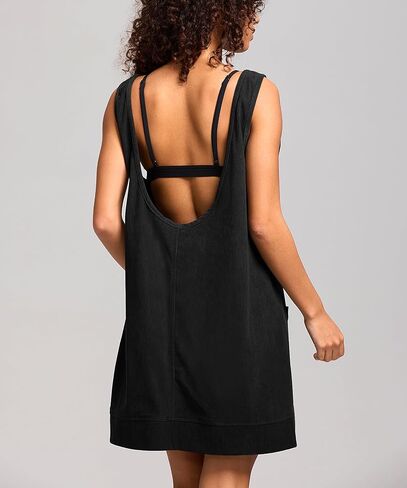 Women Corduroy Overall Dress Sleeveless Round Neck Jumper Dress Pinafore Dress with Pockets in Saudi Arabia