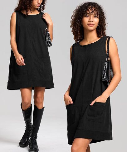 Women Corduroy Overall Dress Sleeveless Round Neck Jumper Dress Pinafore Dress with Pockets in Saudi Arabia
