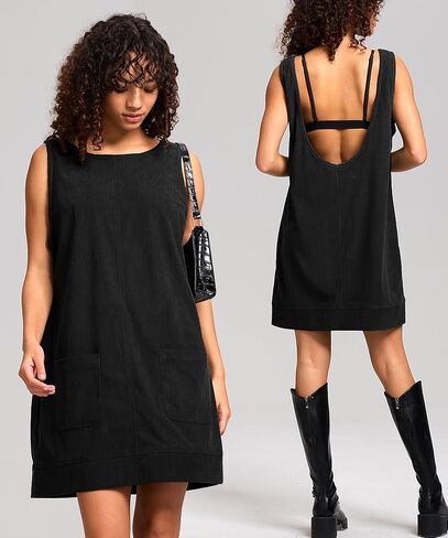 Women Corduroy Overall Dress Sleeveless Round Neck Jumper Dress Pinafore Dress with Pockets in Saudi Arabia