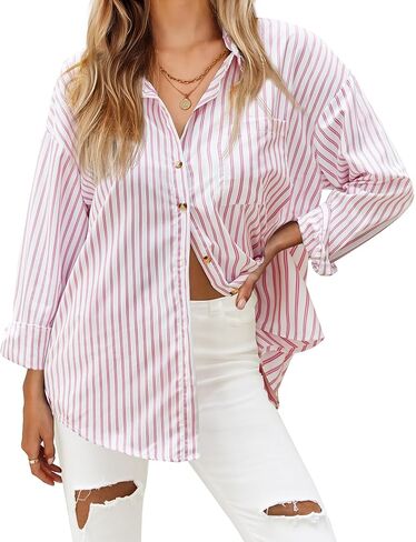HOTOUCH Women's Striped Button Down Shirts Casual Long Sleeve Boyfriend Loose Collared Blouses Tops in Kuwait