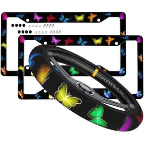 Cherry License Plate Frames & Little Red Cherries Steering Wheel Cover Aluminum License Plate Covers Anti-Slip Breathable Steering Wheels Protector with Screws Fasteners Caps for Men Women