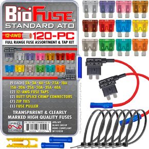 120 Piece Full Range Fuse Assortment & Tap Kit: 108 Standard, ATO, ATC, ATS, APR Automotive Fuses 2A 3A 4A 5A 7.5A 10A 15A 20A 25A 30A 35A 40A, 2 Taps (12V, 12AWG), Ties, Connectors, Puller