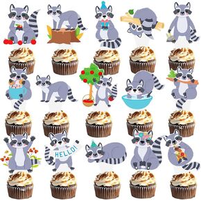 48Pcs Raccoon Theme Cupcake Toppers Woodland Animal Birthday Party Decorations Cartoon Raccoon Cake Topper Decorations for Woodland Theme Baby Shower Forest Animal Party Supplies