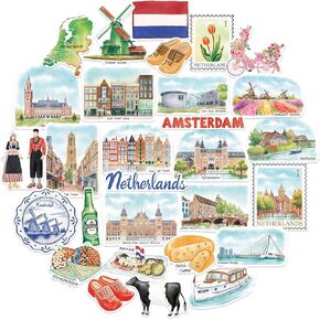 Navy Peony Artistic Netherlands Travel Stickers (29pcs) - Watercolor, Holland, Dutch-Themed Vacation Decals for Journals, Scrapbooks, Water Bottles