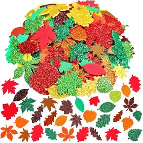 Winlyn 504 Pcs Assorted Foam Fall Stickers Self-adhesive Bulk Maple Oak Leaf Shaped Stickers Glitter Fall Leaves Foam Stickers for Kids Craft Gift Halloween Thanksgiving Scrapbooking Cards Decoration