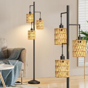 3 Lights Rattan Floor Lamps with ON/Off Foot Switch Tree Standing Lamp with Wood Rattan Lampshades Boho Floor Lamp Tall Pole Lamp for Living Room Bedroom Office, 3 PCS 6W Bulbs Included