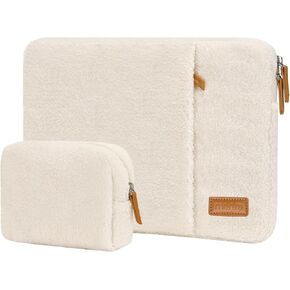 MOSISO 13-14 inch Laptop Sleeve Case Compatible with MacBook Air/Pro 13.3 inch, HP, Dell, Lenovo, Acer, Asus, Carrying Case Soft Fluffy Plush Vertical Bag with Pocket&Small Case for Women, Apricot