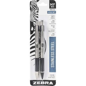 Zebra Pen Stainless Steel Writing Set, M-301 Mechanical Pencil and F-301 Mechanical Pencil, Black Grip, 2-Pack