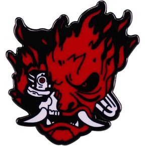 Samurai Warrior Men-Yoroi Flaming Fire Demon Face Mask Tusks Horns Sword Feudal Japan Japanese Rising Sun 1.2" Enamel Pin Badge