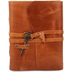 Leather Journal with lined Deckle Edge Paper 8x6 inch and Vintage Key/Handmade Writing Notebook Diary/Bound Daily Notepad for Men and women Medium, Sketch/Writing pad, Gift for Artists