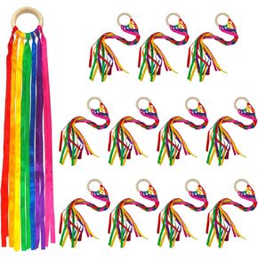 Rainbow Ribbon Wooden Creative Hand Kite Set Streamers with Wood Ring Sensory Learning Educational for Playroom Dancing Birthday