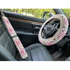 Crochet Sunflower Car Steering Wheel Covers Light Pink Universal 14-15 inch for Women/Men (Steering Wheel Cover)