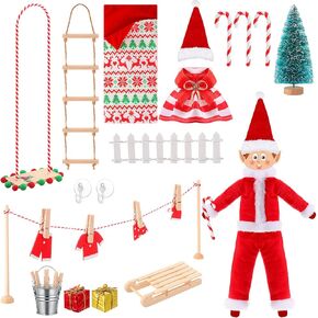 20 Pcs Christmas Elf Doll Accessories Set Include Clothes Ladder Swing Sleeping Bag Fence and Mini Props Suction Cup Hook Christmas DIY Craft Gift for Kids Xmas Elf Clothes Accessories