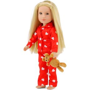 Emily Rose 14 Inch Doll Clothes 3-PC 14-in Doll Red Heart PJ Pajamas Set | Silky 14" Doll PJs Valentines Gift Set with Teddy Bear Accessory | Compatible with 14-in American Girl Wellie Wishers Dolls