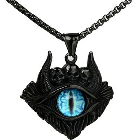 PAMTIER Men's Stainless Steel Vintage Evil Eye Demon Skull Head Oxhorn Pendant Necklace