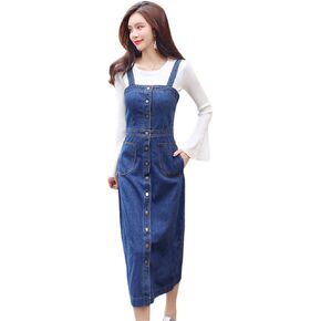 Women Casual Suspender Denim Skirt Long Buttons Overalls Jean Dress