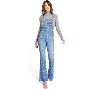 Womens Juniors Zipper Bib Star Print Jean Jumpsuit Bell Bottom Flare Overalls