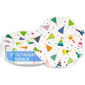 DYLIVeS Birthday Party Plates, 9" Hats off Happy Bithday Hats Dessert Plates Birthday Party Decorations Birthday Party Supplies for Girls and Boys Birthday Cocktail Party Holiday, Octagon/50 Count