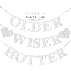 Black Birthday Decorations - Older Wiser Hotter Banner [Pre-Strung], Fufuddz Funny Shiny Glitter Happy Birthday Sign Party Decor Backdrop Supplies for Men Women 21st 25th 30th 40th 50th 60th 70th 80th