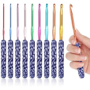 Coopay Warm Crochet Hook Set, Crochet Needles for Yarn with Dark Blue and White Porcelain Clay Grip, 9PCS Ergonomic Crochet Hooks for Arthritic Hands, 2.0mm-6.0mm (B-J) Extra Long Crochet Hooks