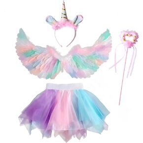 4 PCS Unicorn Costume Accessories Halloween Party Dress Up Set for Girls Princess Costumes Rainbow Wings Unicorn Headband Love Wand Short Skirt, adjustable