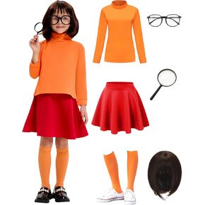 Halloween Costume for Girls - Deluxe Red Skirt Set with Wig, Magnifier Glasses, Socks & Accessories