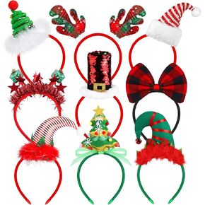 Elcoho 9 Pack Assortment Christmas Headbands Christmas Party Toys Hats Costume Reindeer Santa Headbands for Christmas Holiday Party, 9 Styles