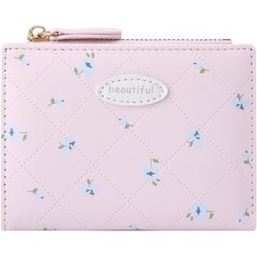 Small Wallet Cute Coquette Floral Print Wallet with Zipper Coin Purse ID Credit Card Holder for Women (PINK)