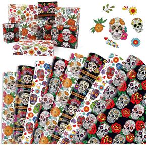 HOWAF 12 ورقة يوم الموتى ورق التغليف Dia De Los Muertos DIY Crafts Gift Wrap Paper جمجمة العروس ورق الكرافت مطوية مسطحة ليوم المكسيكي للموتى هدية التعبئة الديكور لوازم الحفلات 4 تصاميم