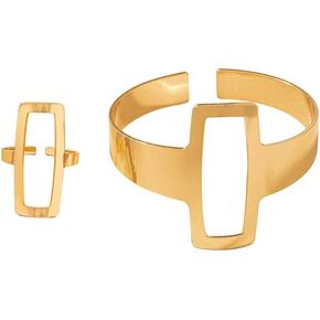 Gold Hollow Simple Rectangle Ring Bracelet for Women, Minimalist Geometric Bangle Bracelets Rings, Modern Big Simple Open Cuff Bracelet Open Ring, Geometrical Statement Jewelry