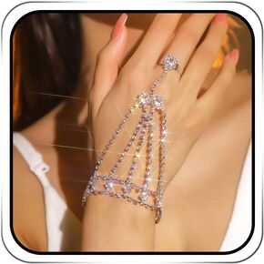 EARENT Rhinestone Ring Bracelet Silver Prom Hand Chain Bracelets Bridal Bangle Hand Jewelry For Women