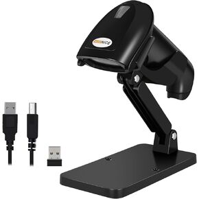 WoneNice Wireless 1D 2D Barcode Scanner with Stand, Automatic Handheld QR Code Scanner CMOS Image Bar Code Reader with USB Receiver for Computer POS Supermarket Library Supports Screen Scaning, Black
