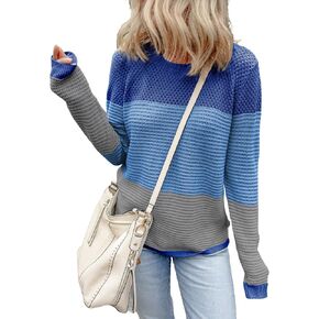 EVALESS Color Block Striped Sweaters for Women Trendy 2024 Crewneck Long Sleeve Sweater Casual Crochet Knit Tops Fall Outfits