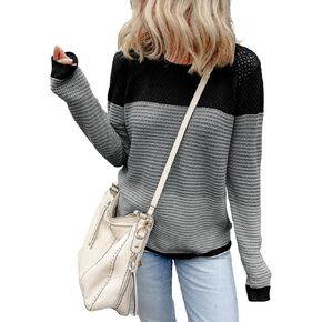 EVALESS Color Block Striped Sweaters for Women Trendy 2024 Crewneck Long Sleeve Sweater Casual Crochet Knit Tops Fall Outfits