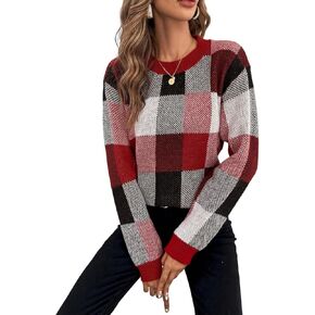 GORGLITTER Women's Argyle Checkered Sweater Plaid Long Sleeve Fall Knit Sweater Pullover Tops