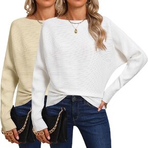 Ficerd 2 Pack Women's Fall Sweaters 2024 Boat Neck Dolman Bat Wing Long Sleeve Knitted Sweaters Casual Pullovers Tops