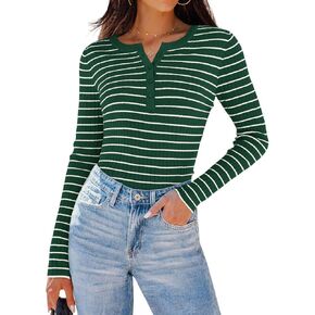 ZESICA Womens Long Sleeve Striped Shirts V Neck Button Up Sweater Casual Loose Basic Tops 2024 Trendy Fall Clothes in Kuwait
